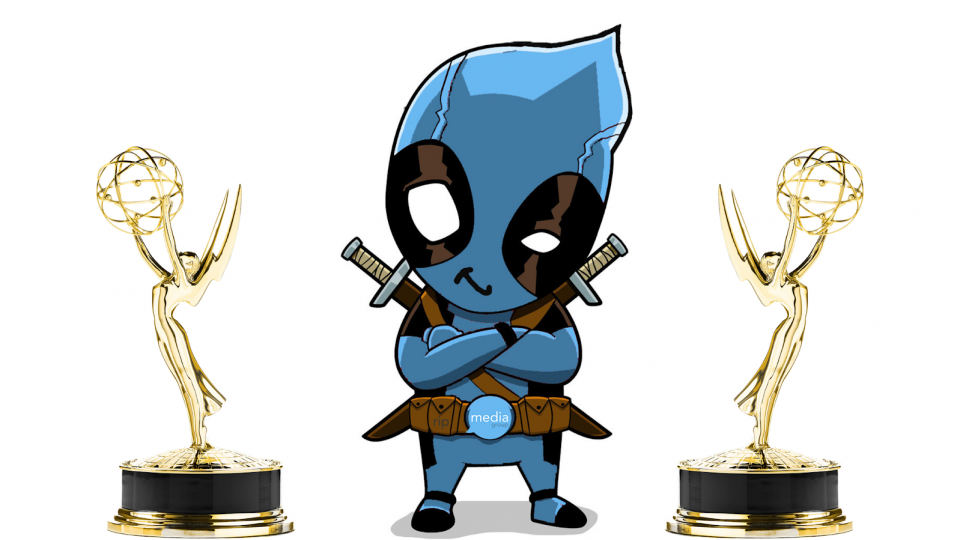 A picture of deadpool rippie with emmys on either side